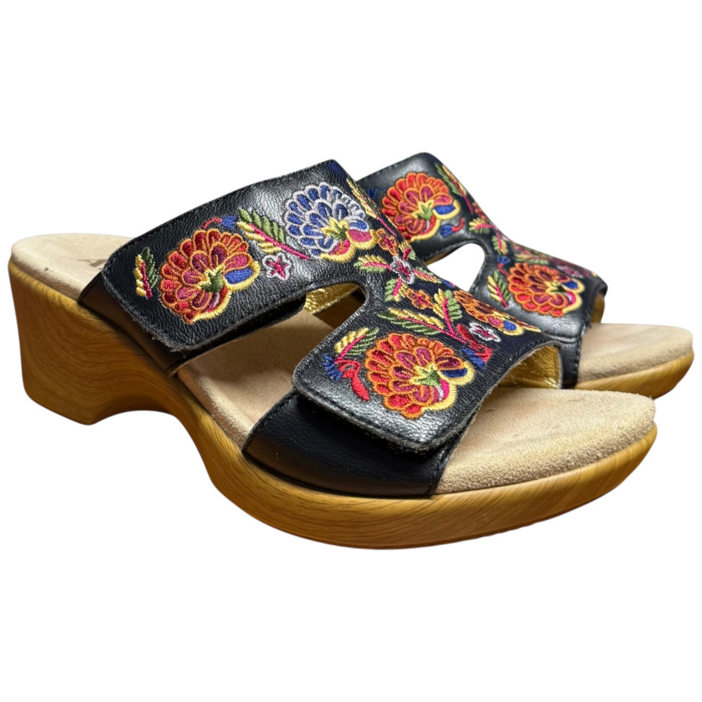 ALEGRIA Linn 39/US 8 Black Leather Sandal Hand Sewn Floral Embroidery Adjustable